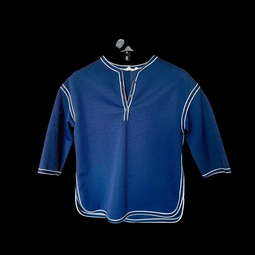 Vintage 60's Personals Leslie Fay Blue Nautical Contrast Piping Henley Top Sz 16